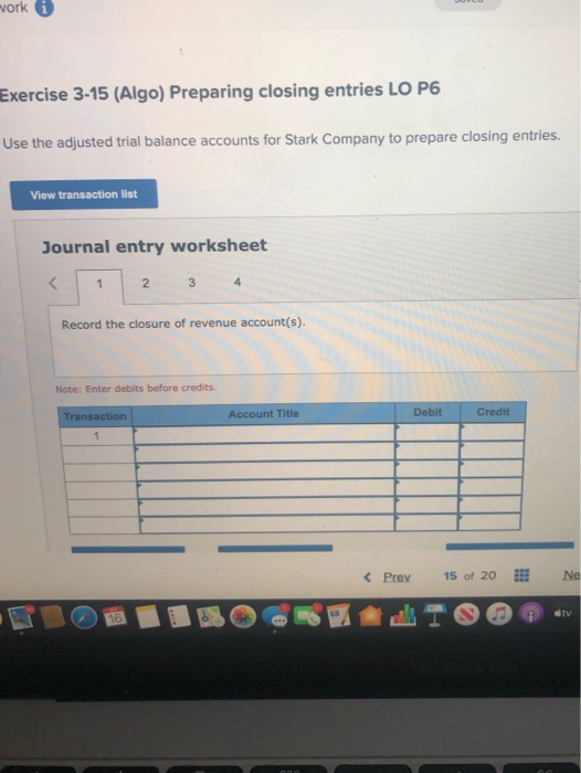 work Exercise 3-15 (Algo) Preparing closing entries LO P6 Use the adjusted trial balance accounts for Stark Company to prepar