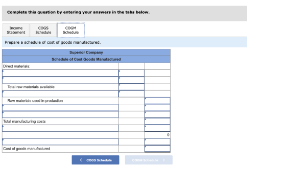 Complete this question by entering your answers in the tabs below. Income Statement COGS Schedule COGM Schedule Prepare a sch
