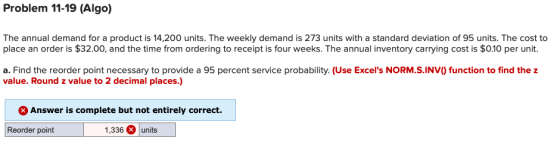 Problem 11-19 (Algo) The annual demand for a product is 14,200 units. The weekly demand is 273 units with a standard deviatio