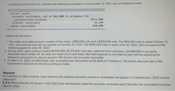 Chamberlain Enterprises Inc. reported the following receivables in its December 31, 2021, year-end balance sheet: Current ass