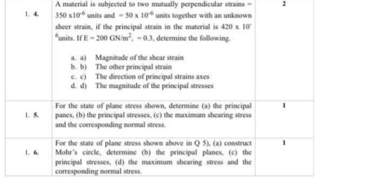 1. 4. A material is subjected to two mutually perpendicular strains 350 x10-6 units and - 50 x 10-6 units together with an un