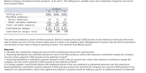 Barlow Company manufactures three products-A, B, and C. The selling price, variable costs, and contribution margin for one un