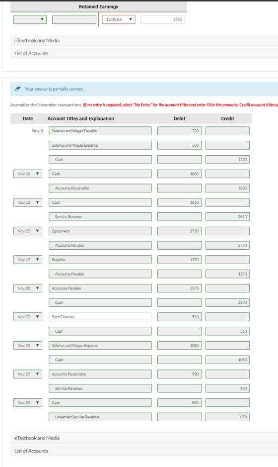 Retained Earnings D O 1 11/30 Bal. 120Bal . 3750 3750 e Textbook and Media List of Accounts Your answer is partially correct.