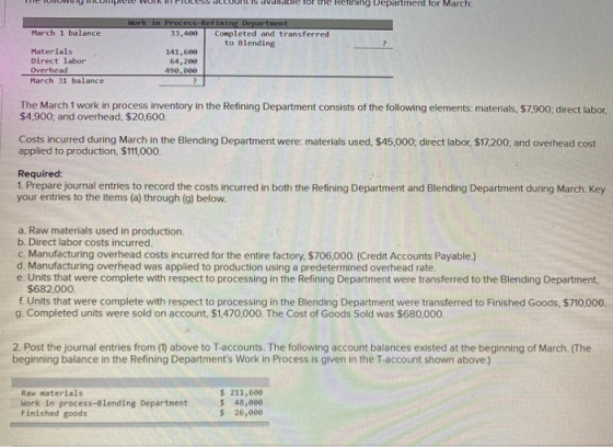 Is dVallable for the Refining Department for March March 1 balance Work in Process-Refining Department 33,400 Completed and t