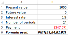 1000 1% 1 Present value 2 Future value 3 Interest rate 4 Number of periods 5 Payments 6 Formula used: ($47.07) PMT(B3,B4,B1,B