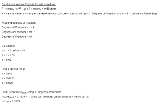 X-tscoresNn < μ < x + tscore, .SNn where: x-sample mean, s-sample standard deviation, tscore-statistic with (n-1) Degrees of Freedom and α-1-confidence Percentage Degrees of Freedom -n-1 Degrees of Freedom 19-1 Degrees of Freedom 18 Calculate α = 1-confidence% α-1-0.95 Find Spread range: α = ½(0.05) α 0.025 Find t-score for αο.025 using 18 degrees of freedom. tscoreo.025 2.1009- Value can be found on Excel using tscore 2.1009 TINV(0.05,18)