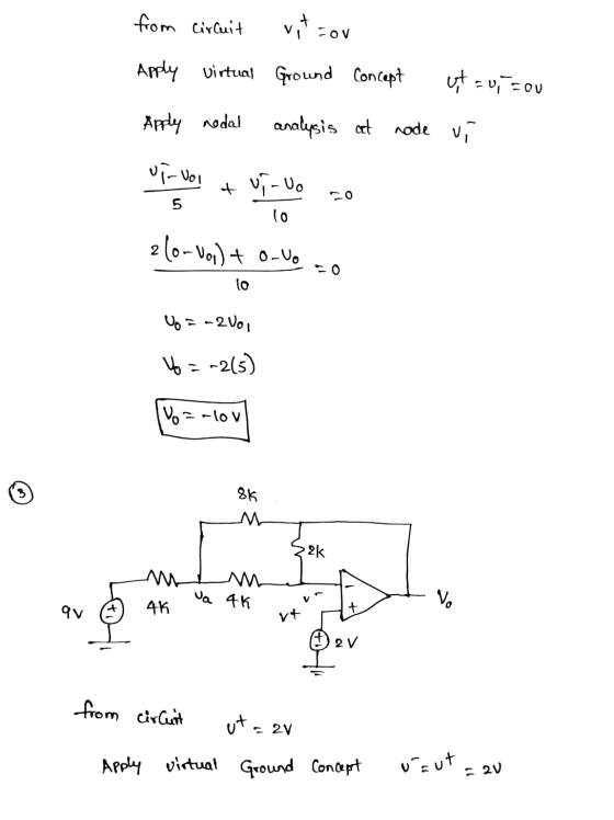 from circuit vita vi FOV Apply virtual Ground Concept ut = 0, zou Apply nodal analysis at node vi uf-vol + V-U. 5 lo 210- Vol