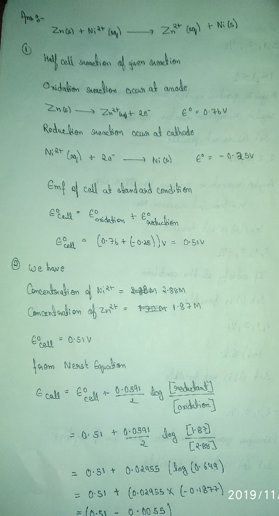Zn(s) + Niat (ap) 2, 2+ (aq) + Ni (s) Half cell sreaction of given reaction oxidation studion acuan at anode Zna) Zn mg + 20