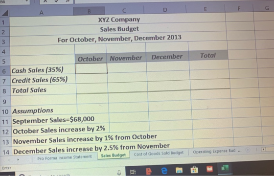 B6 A C F XYZ Company 1 Sales Budget 2 For October, November, December 2013 4 October November December Total 5 6 Cash Sales (