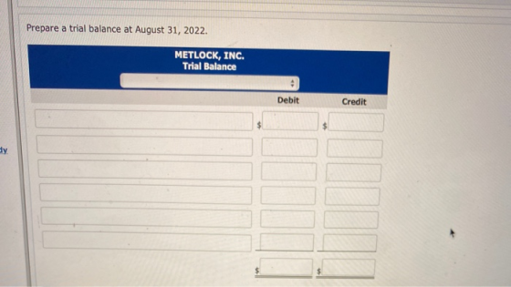 Prepare a trial balance at August 31, 2022. METLOCK, INC. Trial Balance Debit Credit Hly