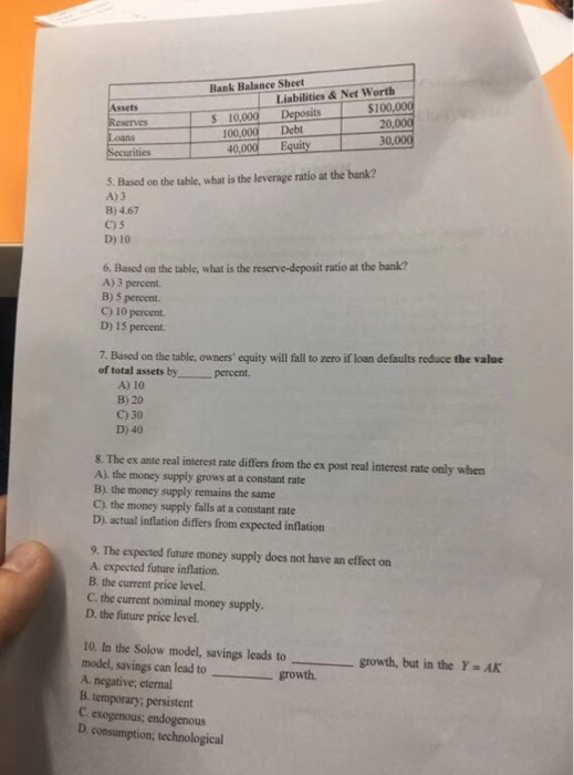 Bank Balance Sheet | Liabilities & Net worth $100,000 S 10 100,000Debt 30,00 0,000 Equity 5. Based on the table, what is the leverage ratio at the bank? A) 3 B)4.67 C)5 D) 10 6. Based on the table, what is the reserve-deposit ratio at the bank? A) 3 percent. B) 5 percent. C) 10 percent. D) 15 percent 7. Based on the table, owners equity will fall to zero if loan defaults reduce the value of total assets by percent. A) 10 B) 20 C) 30 D) 40 8. The ex ante real interest rate differs from the ex post real interest rate only when A), the money supply grows at a constant rate B), the money supply remains the same the money supply falls at a constant rate D). actual inflation differs from expected inflation 9. The expected future money supply does not have an effect on A expected future inflation. B the current price level. C. the current nominal money supply. D. the future price level. 10. In the Solow model, savings leads to model, savings can lead to growth. A. negative; eternal B. temporary; persistent C exogenous; endogenous growth, but in the Y- AK D consumption; technological