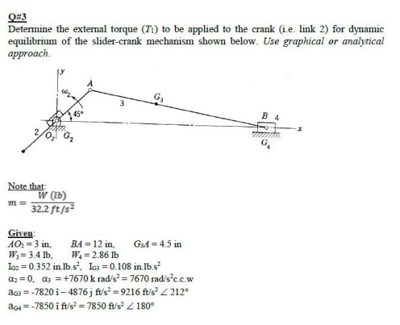 Q#3 Determine the external torque (Tl) to be applied to the crank (i.e. link 2) for dynamic equilibrium of the slider-crank m