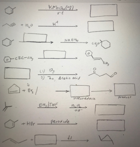 KMnO4(2) rot + H₂O . NaBtly CHOD -CEC-CH cthz (Y O 2 Zn, Acetic acid + Bryl intermediate . BH₂/THE th product + Her peroxide