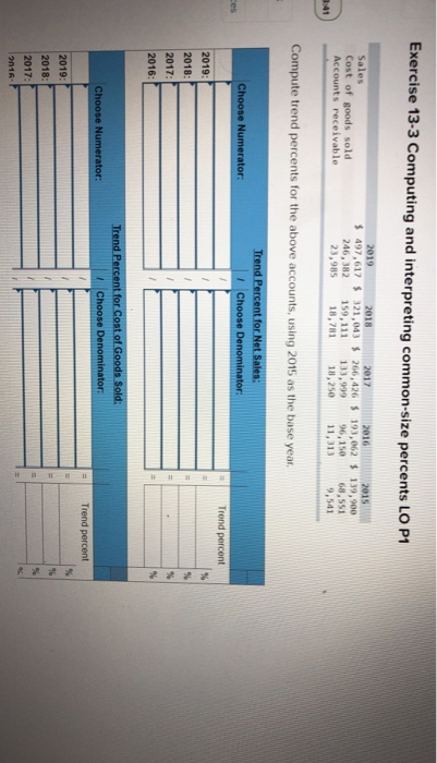 Exercise 13-3 Computing and interpreting common-size percents LO P1 Sales Cost of goods sold Accounts receivable 2019 2018 20