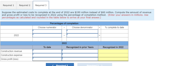 Required 1 Required 2 Required 3 Suppose the estimated costs to complete at the end of 2022 are $190 million instead of $60 m