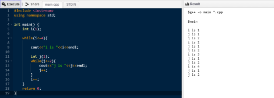 L.lı Result $g++ -o main *.cpp $main Execute 1 > Share main.cpp STDIN 1 #include <iostream> 2 using namespace std; 3 4 int ma