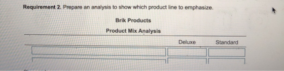 Requirement 2. Prepare an analysis to show which product line to emphasize. Brik Products Product Mix Analysis Deluxe Standar