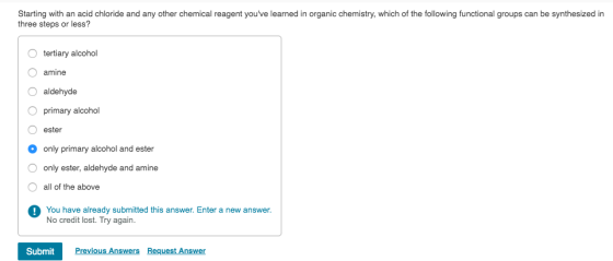 Starting with an acid chloride and any other chemical reagent youve learned in organic chemistry, which of the following fun