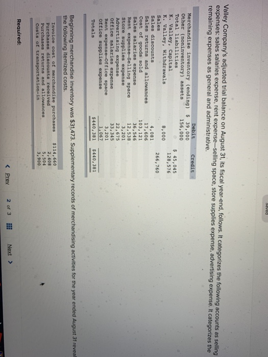 Valley Companys adjusted trial balance on August 31, its fiscal year-end, follows. It categorizes the following accounts as