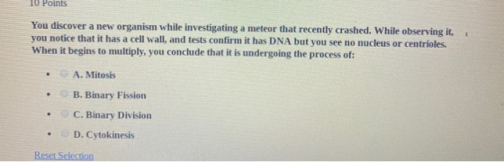 10 Points You discover a new organism while investigating a meteor that recently crashed. While observing it, you notice that