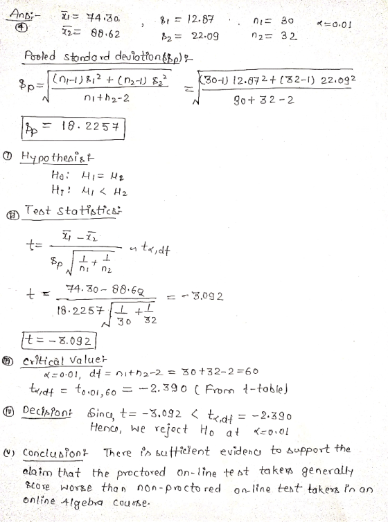 And:- = 74.30. 81 = 12.87 .i ni= 30 $=0.01 222 88.62 82= 220992= 32 Pooled standard deviation (ße) (nn) 8,2 + (021) 8₂². 30-1