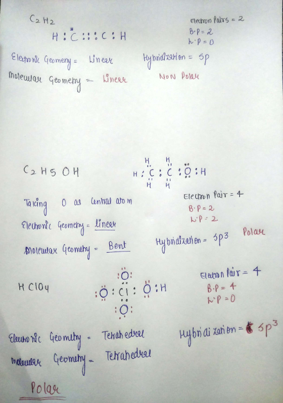 C₂ H2 Electron pairs = 2 B.p=2 hip=0 H:C:::C: Electronic Geomeny = Wineer molewau Geomemy - Wineare Hybridization = sp NON Po