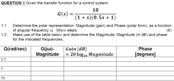 QUESTION 1 Given the transfer function for a control system: 10 G(s) (1 + s)(0.5s + 1) 1.1 Determine the polar representation