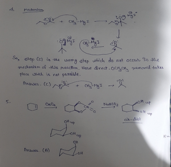 4. Mechanism CH₃ - Mg I I guga CH - Mg I So, step (c) is the wrong step which do not occur in the mechanism of this reachon.