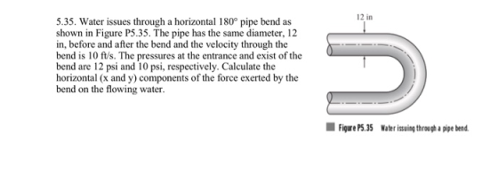12 in 5.35. Water issues through a horizontal 180° pipe bend as shown in Figure P5.35. The pipe has the same diameter, 12 in, before and after the bend and the velocity through the bend is 10 ft/s. The pressures at the entrance and exist of the bend are 12 psi and 10 psi, respectively. Calculate the horizontal (x and y) components of the force exerted by the bend on the flowing water. Figure P5.35 Water issing through a pipe bed