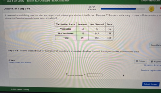- Save & Exit Certify Lesson: 10.7 Chi-Square Test for Association DAGNY HEINSOHN Question 3 of 3, Step 2 of 8 15/24 Correct