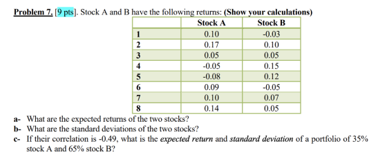 Problem 7. [9 pts]. Stock A and B have the following returns: (Show your calculations) Stock A 0.10 0.17 0.05 -0.05 -0.08 0.09 0.10 0.14 Stock B -0.03 0.10 0.05 0.15 0.12 -0.05 0.07 0.05 4 6 a- What are the expected returns of the two stocks? b- What are the standard deviations of the two stocks? c- If their correlation is-0.49, what is the expected return and standard deviation of a portfolio of 35% stock A and 65% stock B?