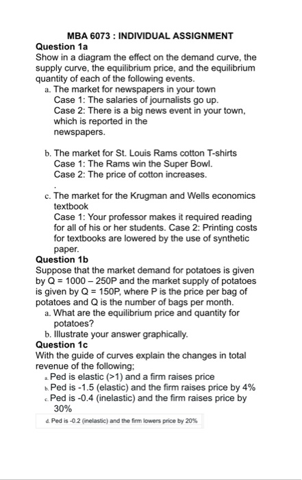 MBA 6073: INDIVIDUAL ASSIGNMENT Question 1a Show in a diagram the effect on the demand curve, the supply curve, the equilibri