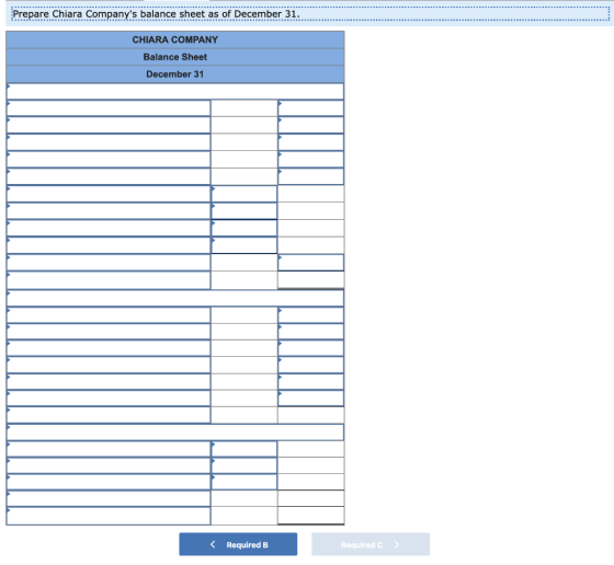 Prepare Chiara Companys balance sheet as of December 31. CHIARA COMPANY Balance Sheet December 31 Required B Required )