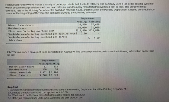 High Desert Potteryworks makes a variety of pottery products that it sells to retailers. The company uses a job-order costing
