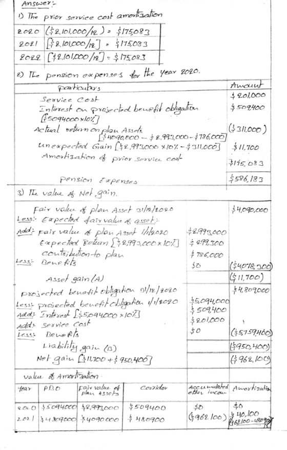 Answer! 1) The prior service cost amortization 2020 ($2,101,000/12): $175083 | 2021 £2,101,000/12] = $175,083 2022 [$2,101.00