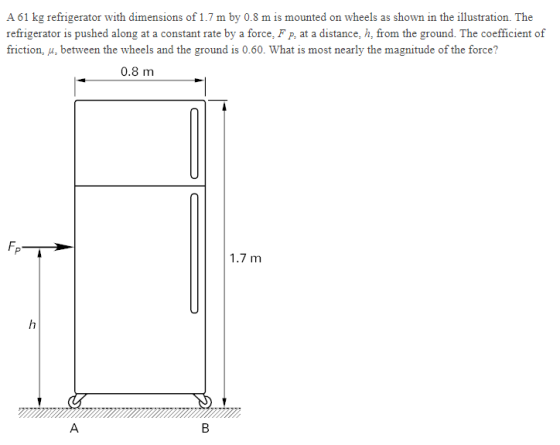 A 61 kg refrigerator with dimensions of 1.7 m by 0.8 m is mounted on wheels as shown in the illustration. The refrigerator is