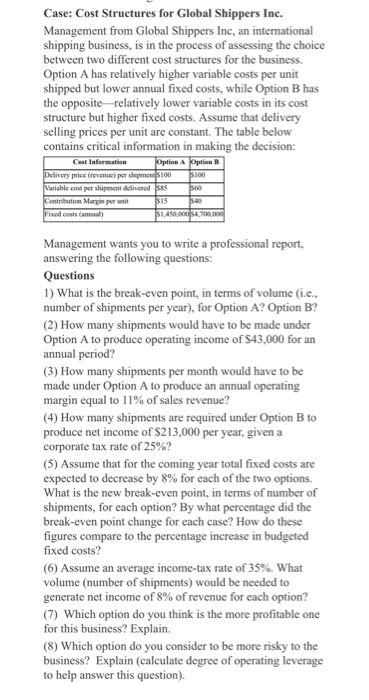 Case: Cost Structures for Global Shippers Inc. Management from Global Shippers Inc, an international shipping business, is in