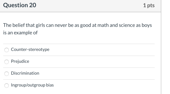 Question 20 1 pts The belief that girls can never be as good at math and science as boys is an example of O Counter-stereotyp
