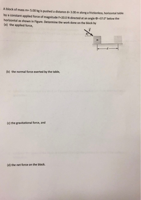 A block of mass m- 5.00 kg is pushed a distance d 3.00m along a frictionless, horizontal table by a constant applied force of magnitude F200 N directed at an angle e-37r below the horizontal as shown in Figure. Determine the work done on the block by (a) the applied force, (b) the normal force exerted by the table, (c) the gravitational force, and (d) the net force on the block.