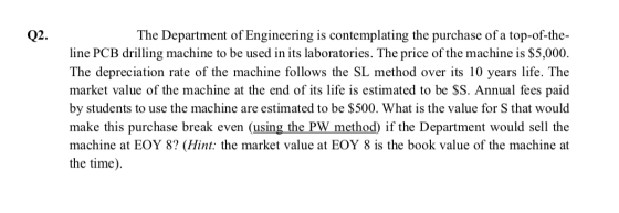 Q2. The Department of Engineering is contemplating the purchase of a top-of-the- line PCB drilling machine to be used in its