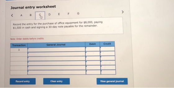 Journal entry worksheet А B B D E F G Record the entry for the purchase of office equipment for $8,000, paying $1,500 in cash