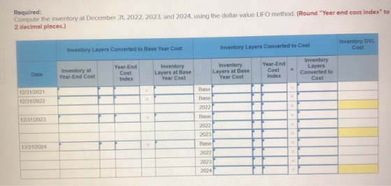 Required: Compute the inventory at December 31, 2022 2023, and 2024, using the dollar-value LIFO method. (Round Year end cos