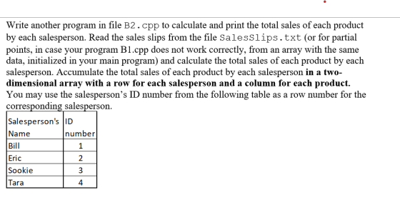 Write another program in file B2.cpp to calculate and print the total sales of each product by each salesperson. Read the sal