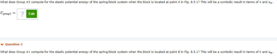 What does Group #2 compute for the elastic potential energy of the spring/block system when the block is located at point A i