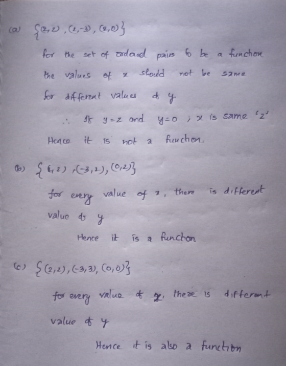 for the ca {2,0, (2, 3), (2,0)} set of todaed pairs to be a function the values of a should not be for different values of y