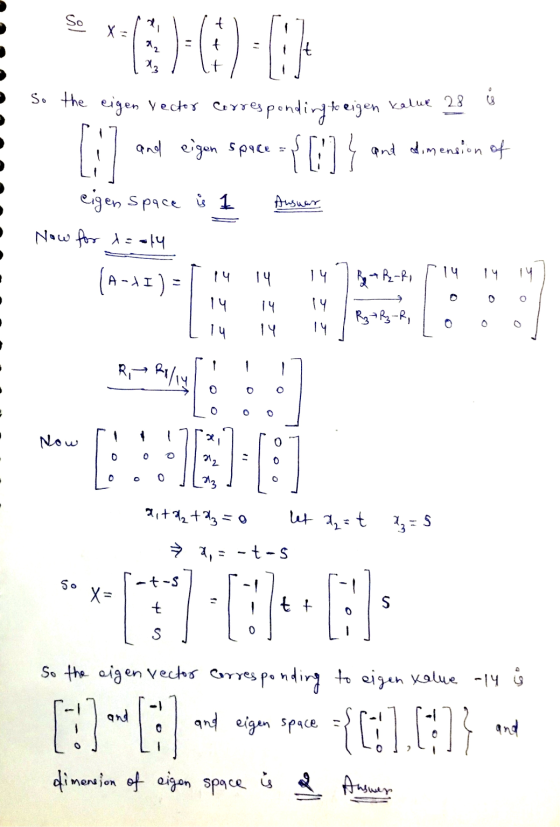 So X 1:( 23 ů So the eigen vector corresponding to eigen kalue 28 and eigen space {[:]} and dimension of eigen space is Now f