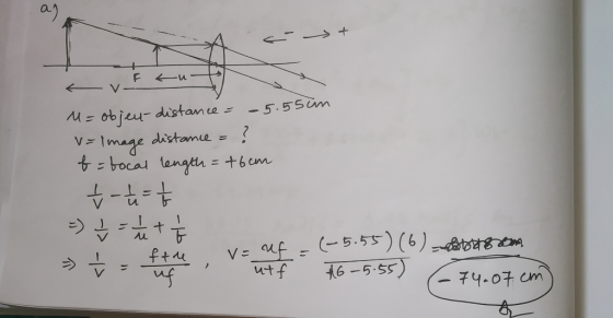 + دب سے F Lu -5.55um M= objeu-distance = v=image distance = ? f=focal length = +6cm t-t=5 =) = 1 L t of -(-5.55) (6) » Ť ethe