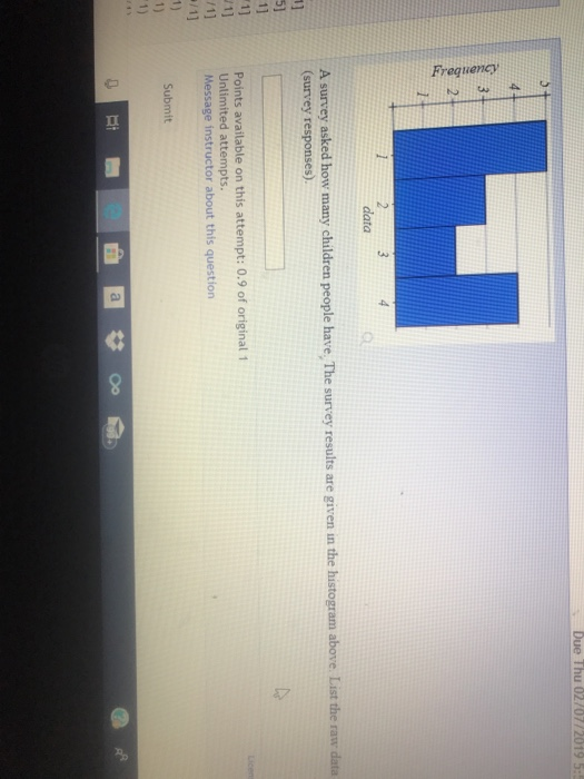 data A survey asked how many children people have, The survey results are given in the histogram above List the raw data (survey responses). Points available on this attempt: 0.9 of original Message instructor about this question Submit 1) 1)