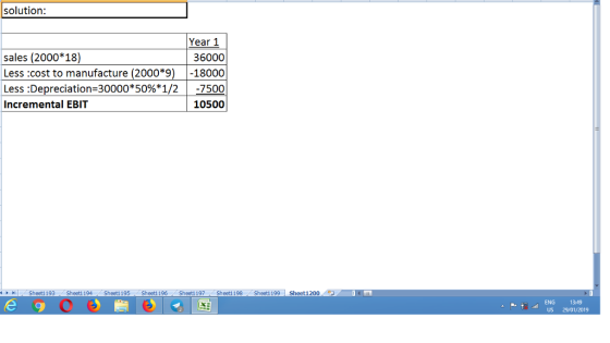 solution: Year 1 sales (2000*18) Less cost 2000*9-18000 Less :Depreciation:30000*50%*1/2 -7500 Incremental EBIT 36000 to manufacture I-105001 4 ▶ bi Sheet1 193 Sheet1 194 Sheet1 195 Sheet1 196 Sheet1 197 Sheet1 198 Sheet1 199 | steet1200 ENG 13:49 P US 29/01/2019
