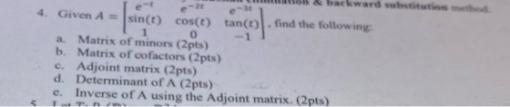 e-30 sin() -1 backward substitution method 4. Given A = sin(t) cos(t) tanto find the following 0 a. Matrix of minors (2pts) b